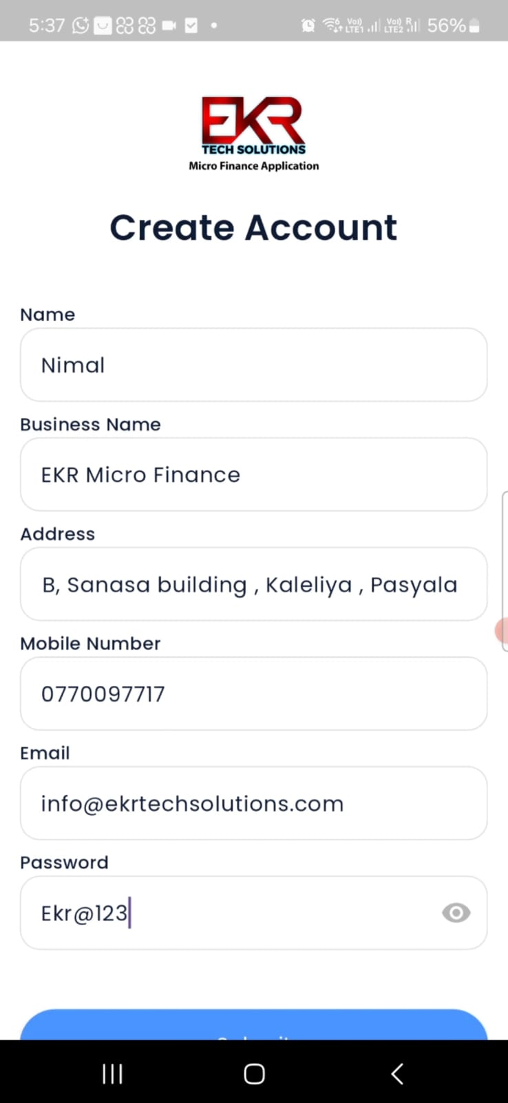 App එකට sign up වීම